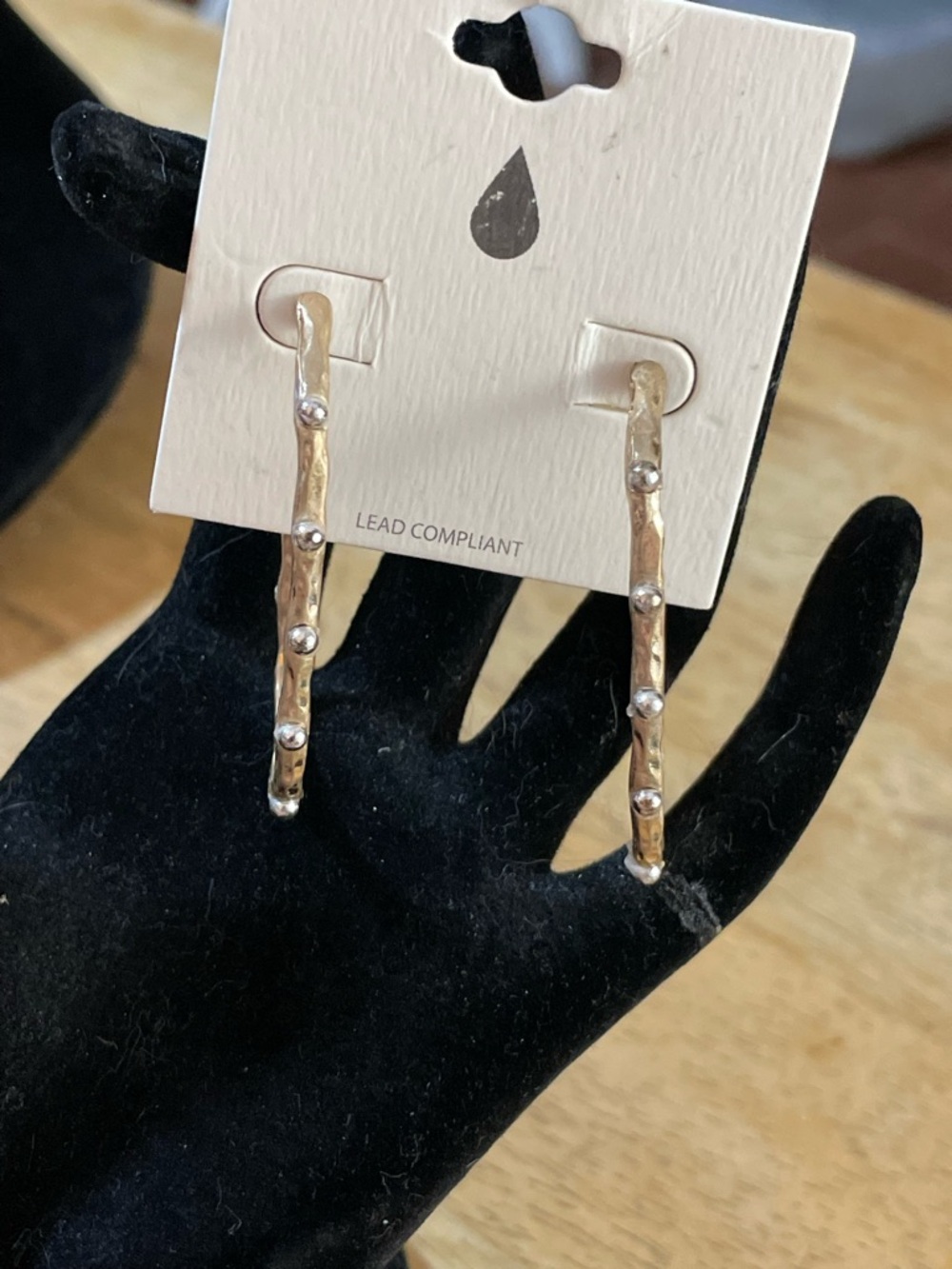 Oval hoop earring mix gold silver tone twig branch texture dots pierced 2 inch - Picture 7 of 11